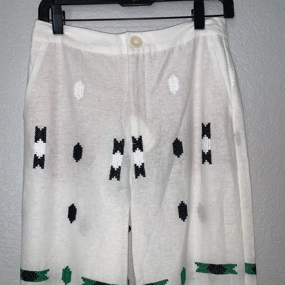 Zara Embroidered High Rise Waist Linen Crop Straight Beige Green Pant Womens M